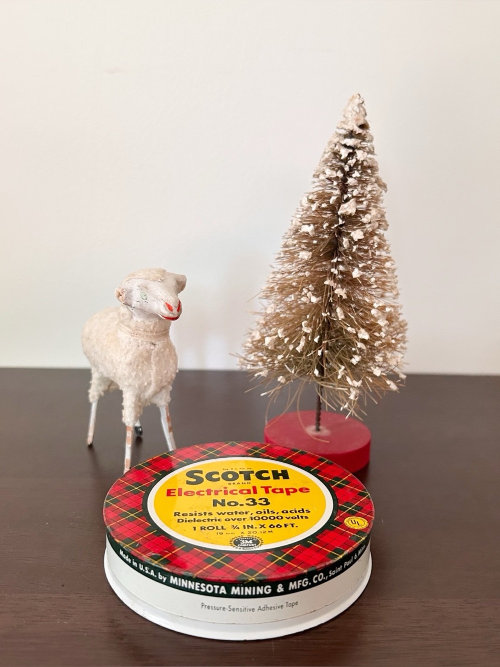 Vintage Christmas bundle scotch tape tin, antique Putz sheep, bottle brush tree